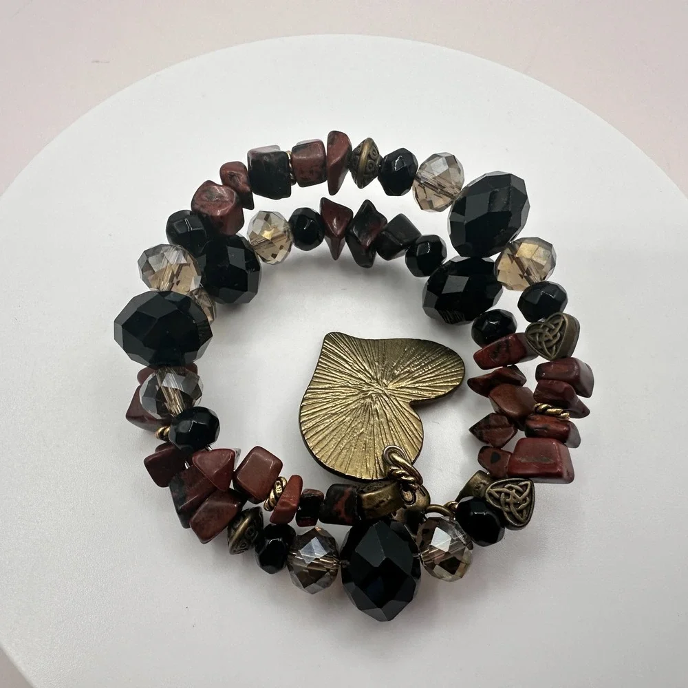 Vintage Y2K Heart of Gold & Love Charm Beaded Wrap Bracelet Women's Jewelry 90s